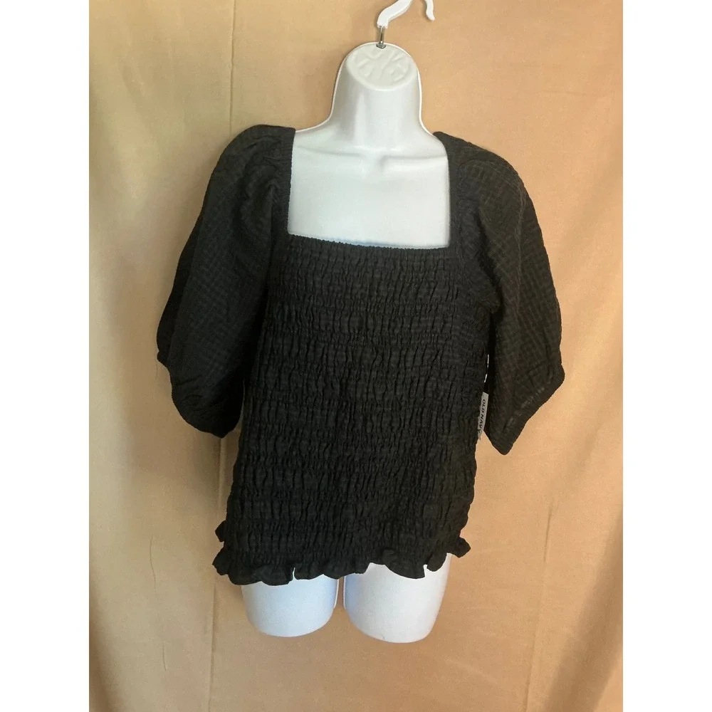 Old Navy Smocked Puff Sleeve Top Women XL Black NEW Gingham Square Neck Ruffle